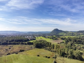 View over the Hausener Aachried to the Hegau volcano Hohentwiel with the town of Singen, Constance