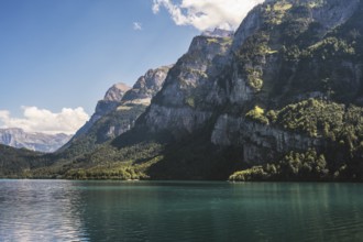 View over the Klöntalersee, with the Glärnischgruppe up to 2915 metres high, Klöntal, Canton