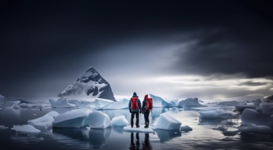 Two travelers with backpacks and winter clothes on an ice floe on a glacier in winter. Couple