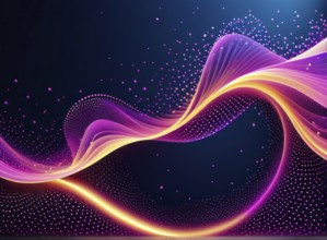 Colorful neon waves with particle effects on a dark background flow in pink and yellow hues, AI