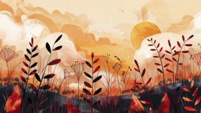 Artistic representation of a sunset with an orange sky, highlighted by plant silhouettes, AI