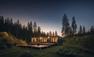 Modular container house with glazing in the forest, secluded compact house, AI generated
