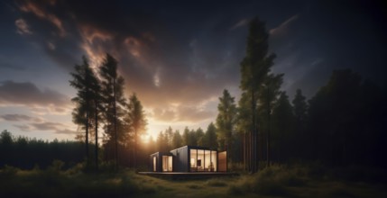 Modular container house with glazing in the forest, secluded compact house, AI generated