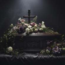 Coffin with cross, atmospherically decorated with flowers, funeral bouquet, KI generated, AI
