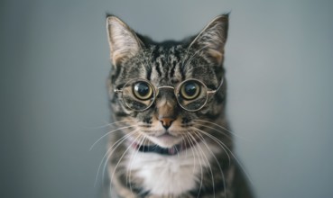 A tabby cat wearing round glasses looking at the camera AI generated