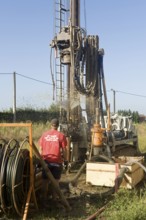 Geothermal drilling, construction site, geothermal energy, for heat pump, house construction,