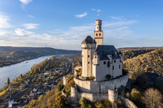Aerial view of the Rhine Valley with the Marksburg Castle, Braubach, UNESCO World Heritage Site,