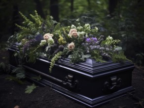 Coffin, atmospherically decorated with flowers, funeral bouquet, KI generated, AI generated