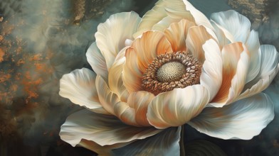 Digital art of a white and peach flower with a serene and abstract teal background, ai generated,