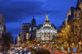 Madrid downtown cityscape at night, capital of Spain, Calle de Alcala street in the city centre