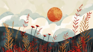 Scenic landscape with sun, clouds, hills, and red-orange plants, creating a peaceful atmosphere, AI