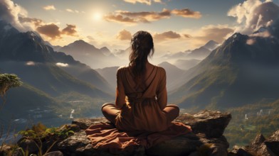 Young woman meditating in the sunset, in a Nepalese high valley, KI generated, AI generated