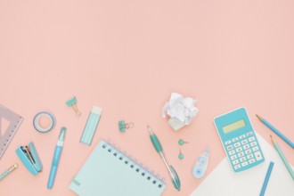 Top view office stationery with notebook calculator