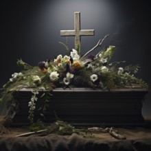 Coffin with cross, atmospherically decorated with flowers, funeral bouquet, KI generated, AI