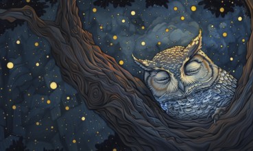 Marker drawing of a sleepy owl nestled in a tree hollow against a backdrop of twinkling stars AI