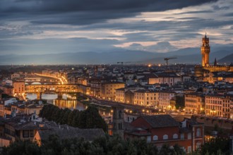 FLORENCE, TUSCANY/ITALY, OCTOBER 18 : Distant view of Palazzo Vecchio at dusk in Florence on