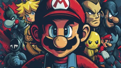 Colorful vector art mash-up of Mario with ninja and various fictional characters, ai generated, AI