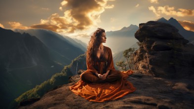 Young woman meditating in the sunset, in a Nepalese high valley, KI generated, AI generated