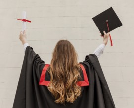 Front view graduated girl with back. Beautiful photo