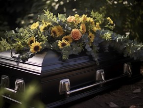 Coffin, atmospherically decorated with flowers, funeral bouquet, KI generated, AI generated