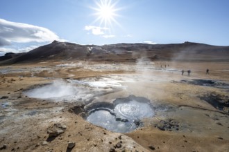 Steaming hot springs, Hverarönd geothermal area, also Hverir or Namaskard, Star of the Sun, North