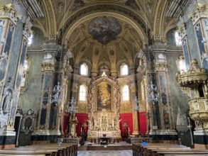 View from interior central nave nave to apse with altar of Bressanone Cathedral Brixen Cathedral