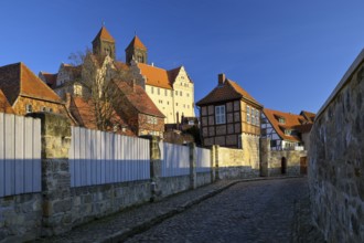 Half-timbered houses in Schenkgasse with St Servatius collegiate church, old town of the World