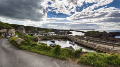 View of fishing harbour, Ballintoy Harbour, Causeway Coastal Route, Antrim, Northern Ireland, Great
