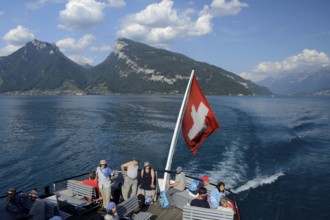 Navigation on Lake Thun with Mount Niederhorn (1963 m), Bernese Oberland, Canton Bern, Switzerland,