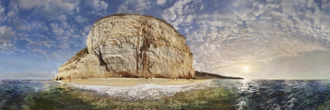 360° panorama with the small sandy beach Mare di Tropea below the mighty sandstone rock of the