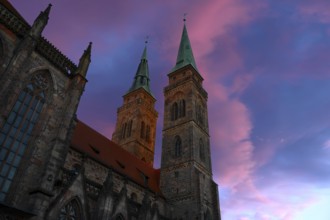 Towers of St Sebald's Church in the evening light, Nuremberg, Middle Franconia, Bavaria, Germany,
