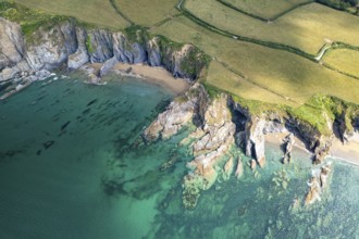 Hemmick Beach and the coast of St Austell seen from the air, Cornwall, England, United Kingdom,