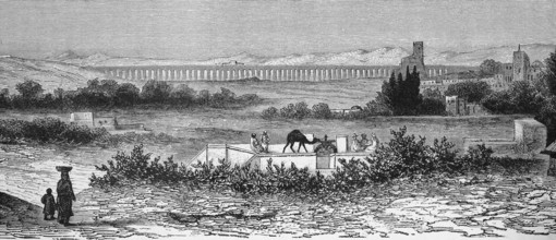 Hilly landscape with aqueduct in ancient Carthage on the Mediterranean, archaeological site, UNESCO