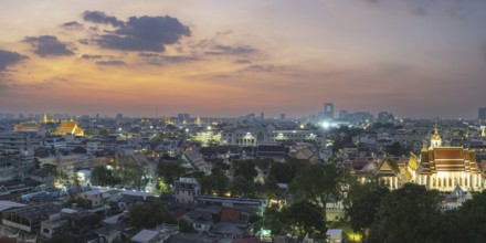 Panorama from Golden Mount to the illuminated Wat Ratchabophit, Wat Rachapradit, Wat Pho, Wat Arun,
