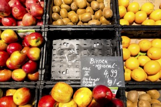 Fruit counter in a supermarket or organic food shop, here with different types of apples, kiwis,