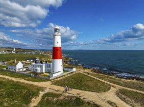 Portland Bill Lighthouse from a drone, Portland Bill, Isle of Portland, Dorset, England, United