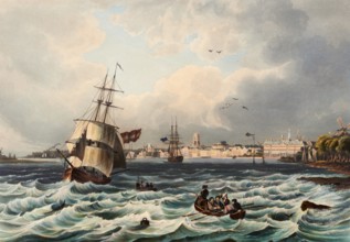 View of the city and harbour of Rotterdam, Netherlands, view around 1830, digitally restored