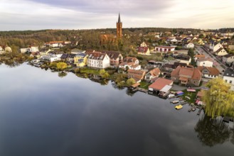 The town of Feldberg on Feldberger Haussee with the town church seen from the air, Feldberger