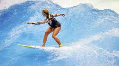 Messe boot Düsseldorf, Surfer riding a standing indoor wave on the occasion of a press event,