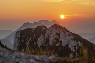 Sunrise in the nature reserve Eastern Chiemgau Alps with Hörndlwand and behind it Rauschberg and