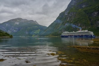 A large cruise ship, Mein Schiff 6, lies in the fjord, surrounded by green mountains under a cloudy