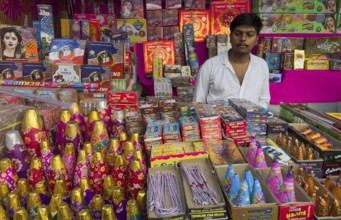 Various firecrackers displayed for sell at a market on the eve of Diwali, the Hindu festival of