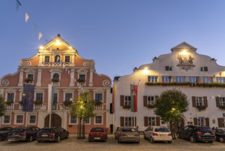 The New Town Hall and the Old Town Hall in the historic centre of Kelheim at dusk, Lower Bavaria,