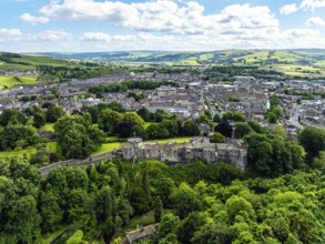 Skipton Castle from a drone, North Yorkshire, England, United Kingdom, Europe