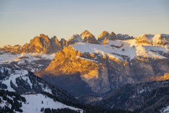 Beautiful landscape of the Mountain silhouettes of the Sexten Dolomites on a sunny winter day,