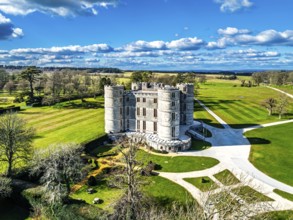 Lulworth Castle from a drone, Lulworth Estate, Camp Bestival, East Lulworth, Dorset, England,