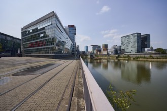 Media harbour with modern buildings on the street Am Handelshafen in Düsseldorf, state capital,
