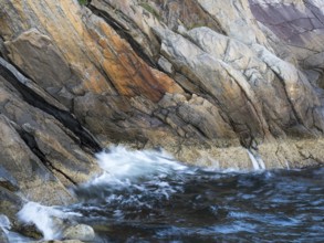 Rock strata on the coast, Björnafjordern, Norway, Europe