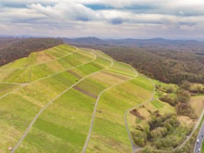 Aerial view of green hills and roads, embedded in forests and fields, Großbottwar, Ludwigsburg