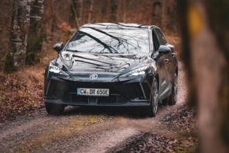 Black limousine drives along a narrow forest path through autumnal surroundings, e-car sharing